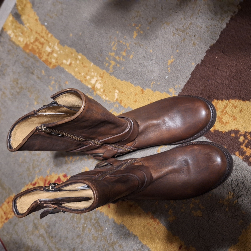 Frye Brown Ankle Boots with Polished Leather and Side Zipper